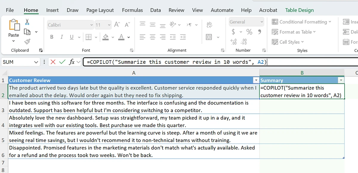 Screenshot of =COPILOT() function being typed in the Excel formula bar