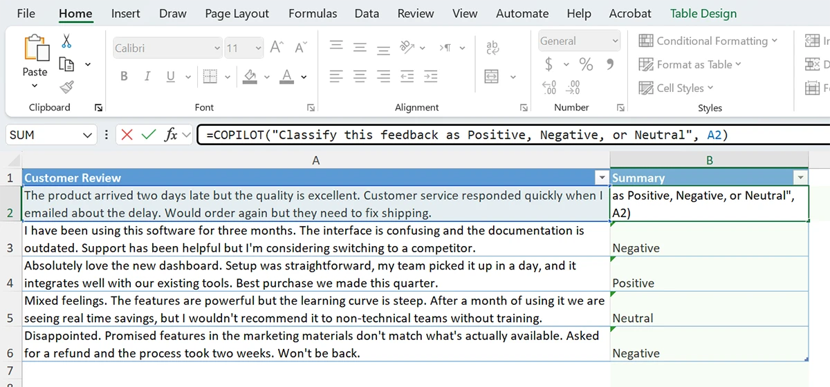 Sample Excel workbook with =COPILOT() function populating a column with sentiment tags