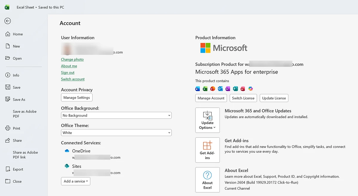 Screenshot showing how to check Excel release channel in File menu