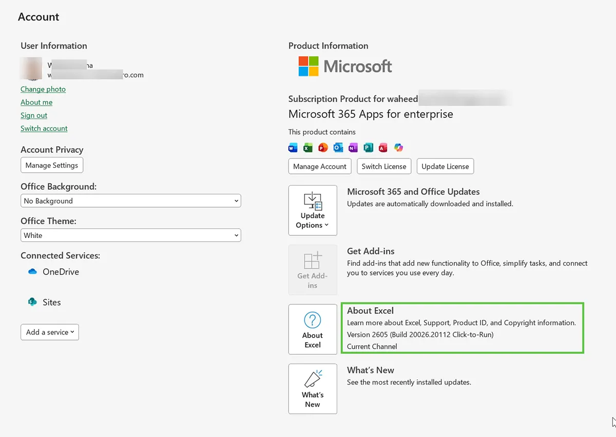 Microsoft Excel About dialog accessed via File menu Account section, displaying the current Microsoft 365 release channel and build number information