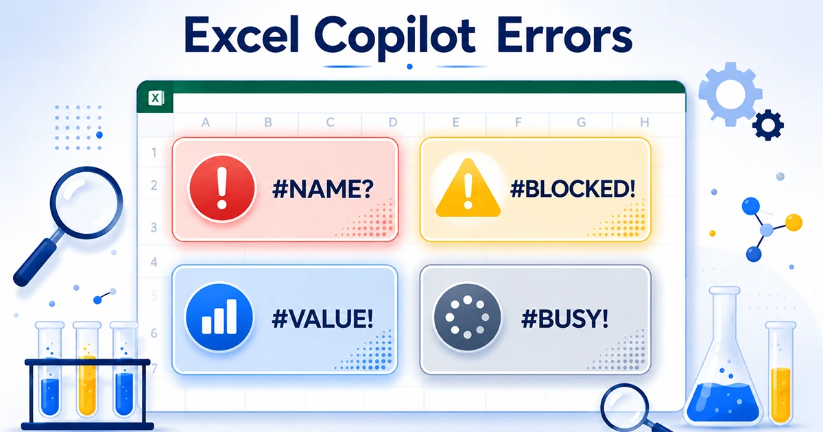 Conceptual illustration of a four-panel error diagnostic dashboard with scientific investigation elements, representing the troubleshooting approach for Excel =COPILOT() errors