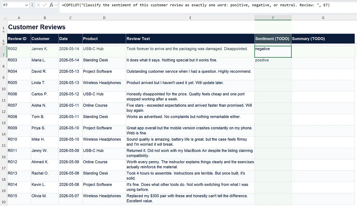 Microsoft Excel cell showing a working =COPILOT() function with the formula in the formula bar and a sentiment classification result returned in the cell