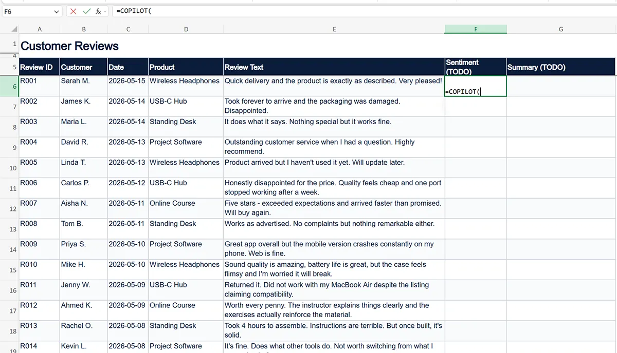 Microsoft Excel formula bar showing =COPILOT( typed in a cell with no function autocomplete suggestion appearing, indicating the function is unavailable in this build