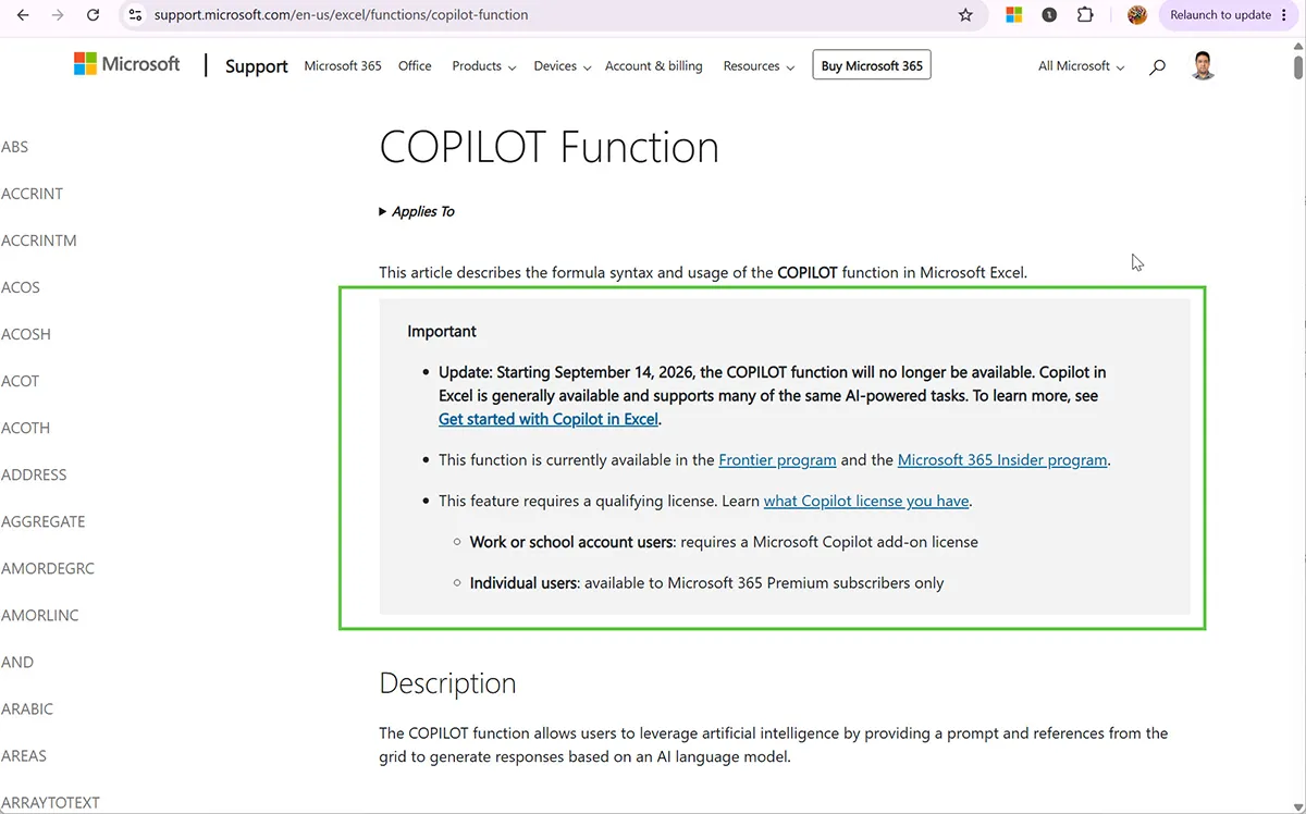 Microsoft support documentation stating that starting September 14, 2026, the COPILOT function will no longer be available
