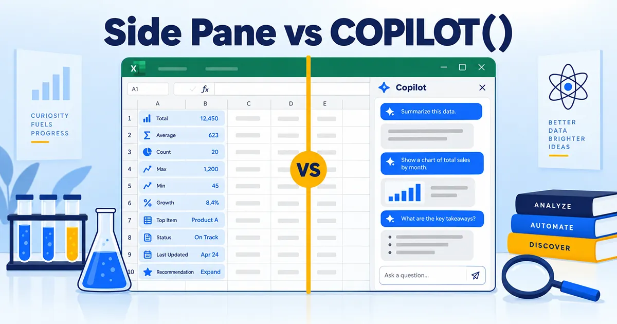 Copilot side pane versus the COPILOT function Flat illustration comparing a spreadsheet column filled row by row against a conversational chat side panel, representing the Copilot side pane versus the =COPILOT() function