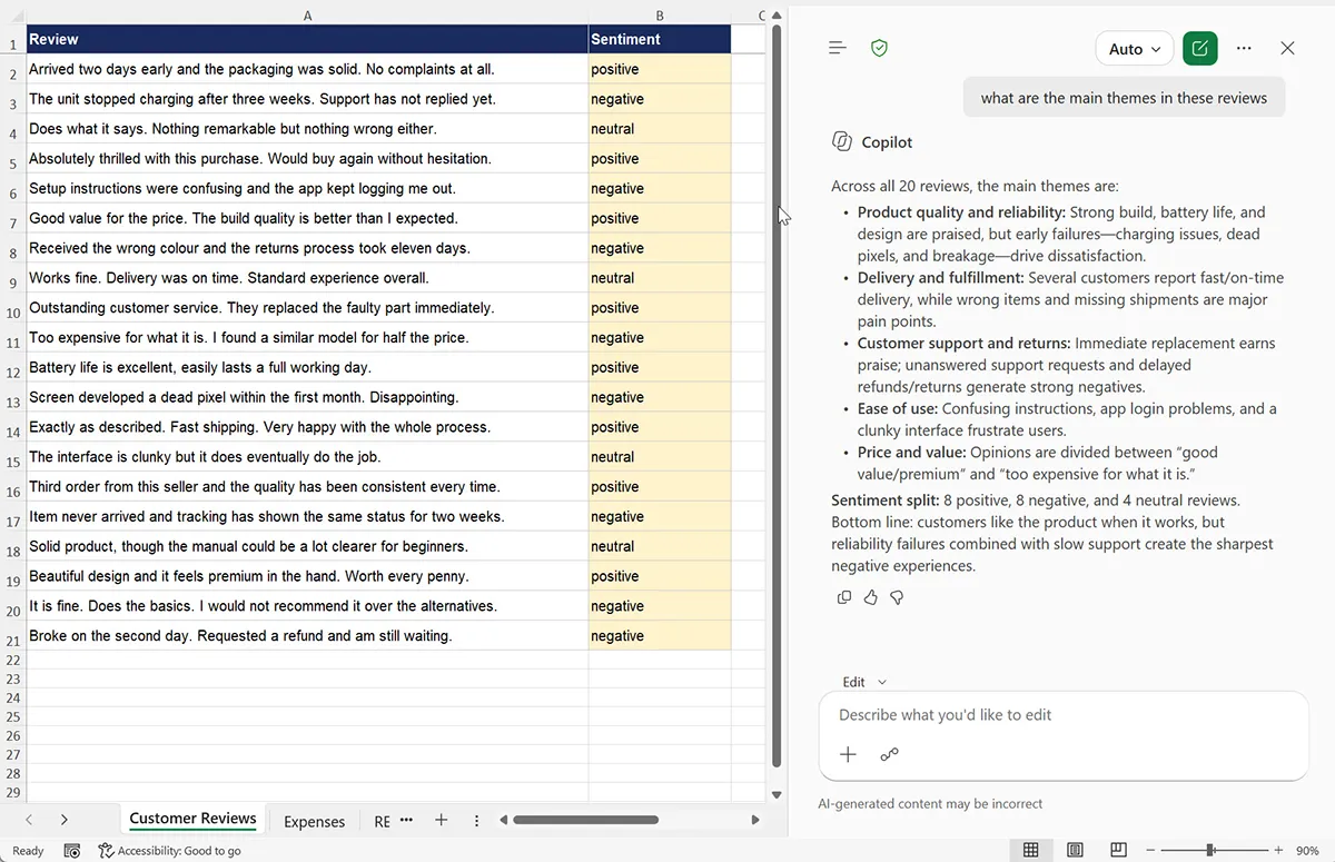 Excel showing a column populated row by row with =COPILOT() formula results alongside the Copilot side pane returning a single conversational answer