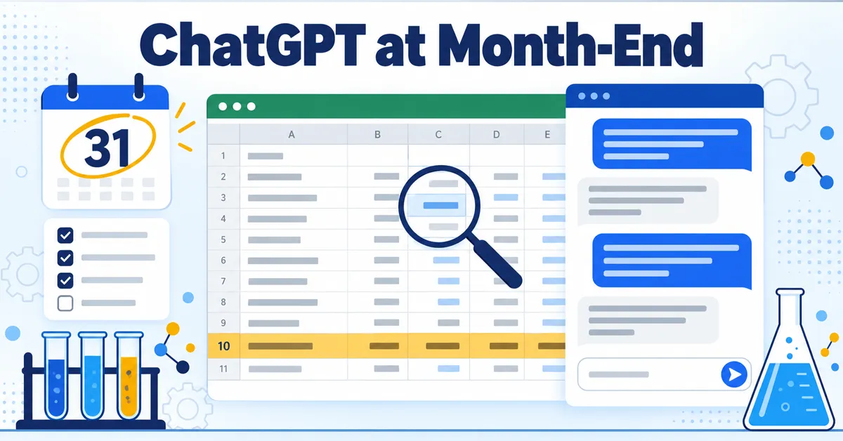 Flat illustration of a month-end spreadsheet with a highlighted subtotal beside a chat assistant window, a calendar showing the 31st and a close checklist, representing using ChatGPT during the month-end close