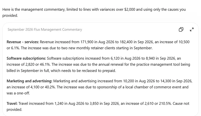 ChatGPT response writing variance commentary for four accounts, with the Travel line marked Cause not provided because no reason was supplied